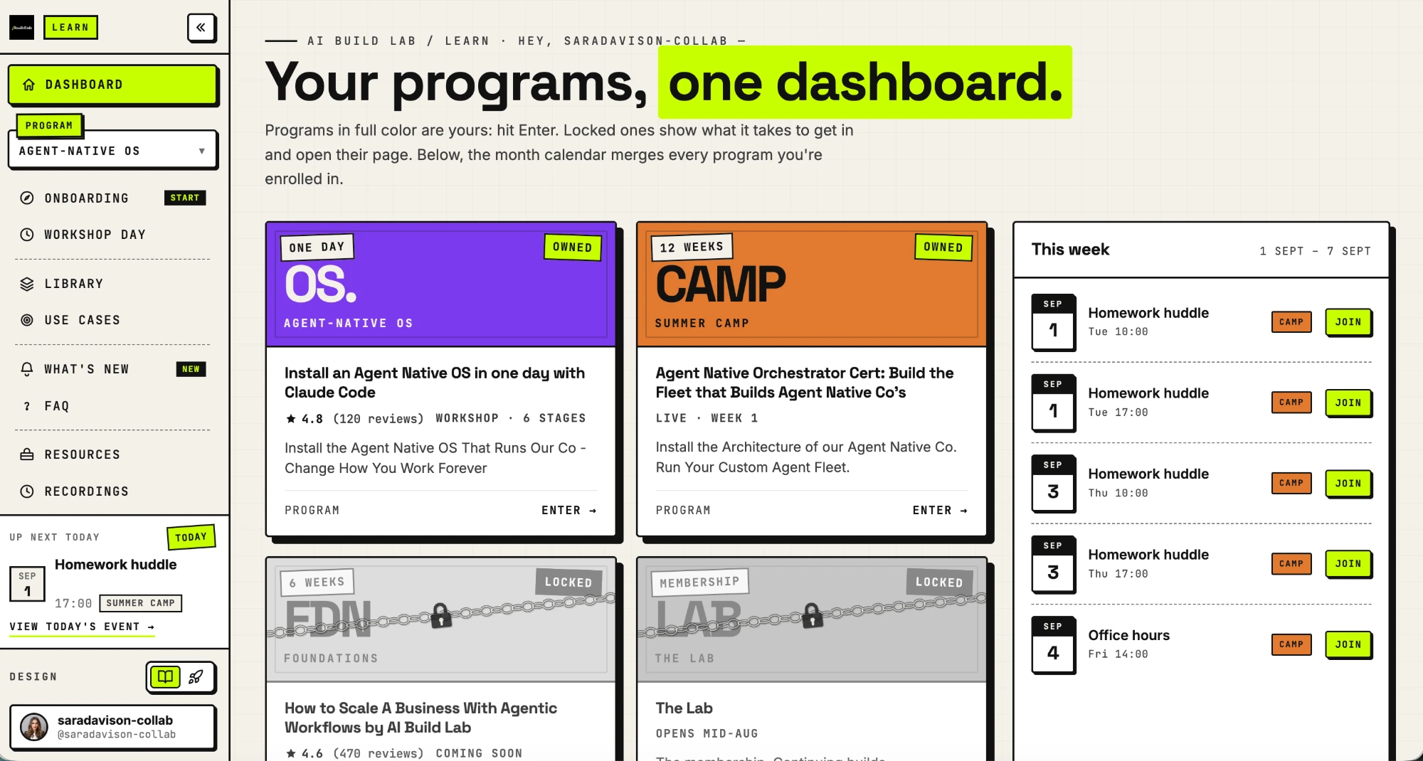 The AI Build Lab learning dashboard showing enrolled programs and the week's live calendar