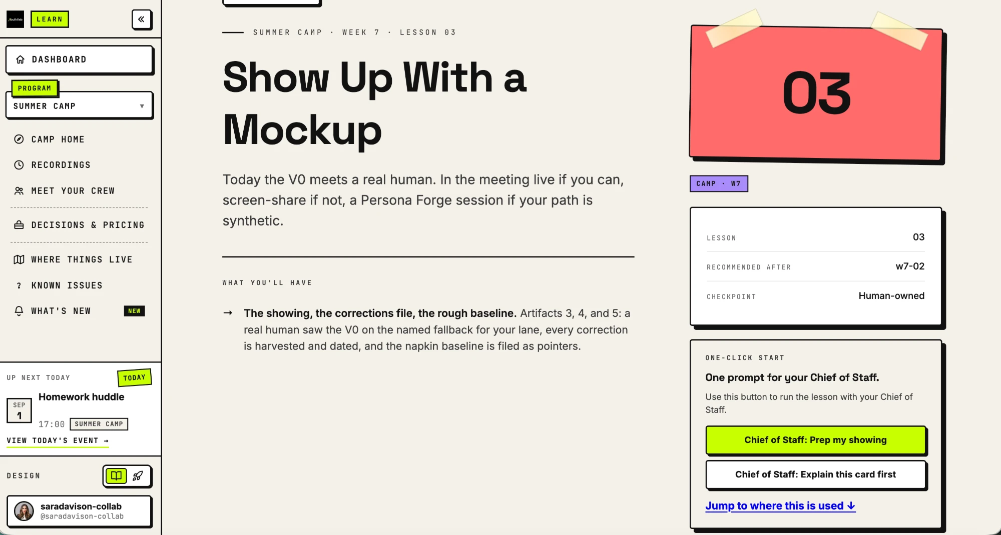 A lesson card with one-click Chief of Staff prompts