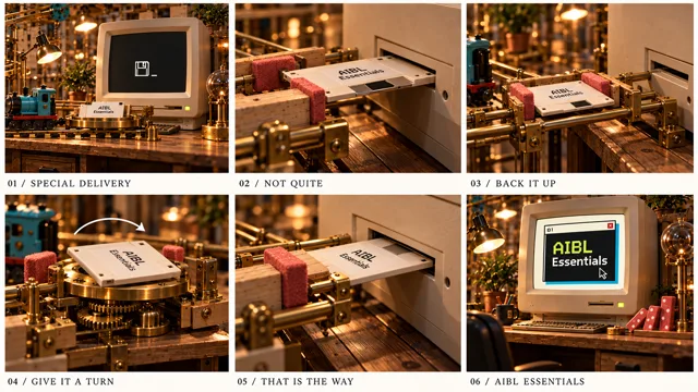 Six-panel storyboard of the wrong-way floppy disk gag