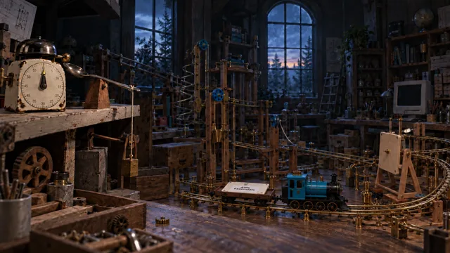 Dark inventor workshop with clock, tracks and blue train